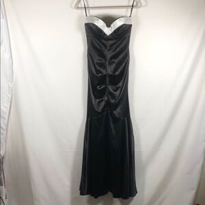 Jump by Wendy Chailin Black Strapless Satin Gown with White Trim Ruched Mermaid